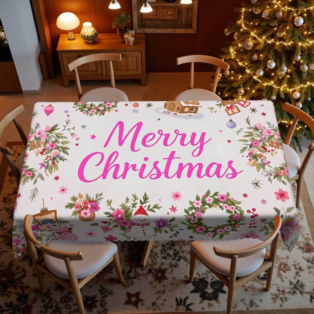 Christmas Tablecloth, Dream Pink Merry Christmas Floral Snowman House Gift, Table Cloth