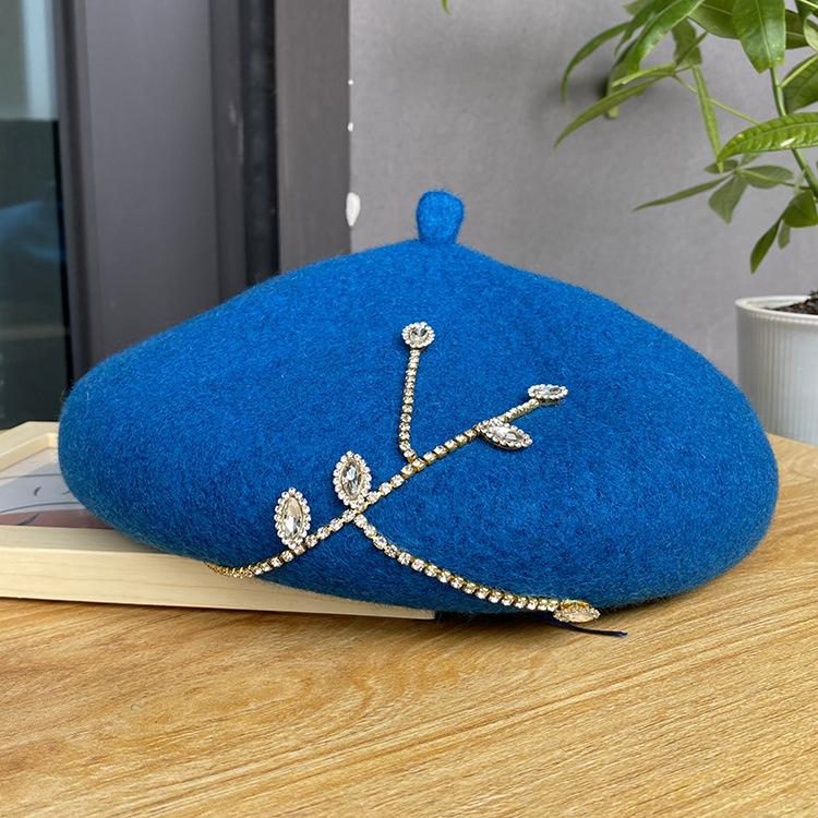 New Rhinestone Beret Fashionable Versatile Woolen Hat Autumn and Winter Three-dimensional Thickened Women's Painter Hat Tide