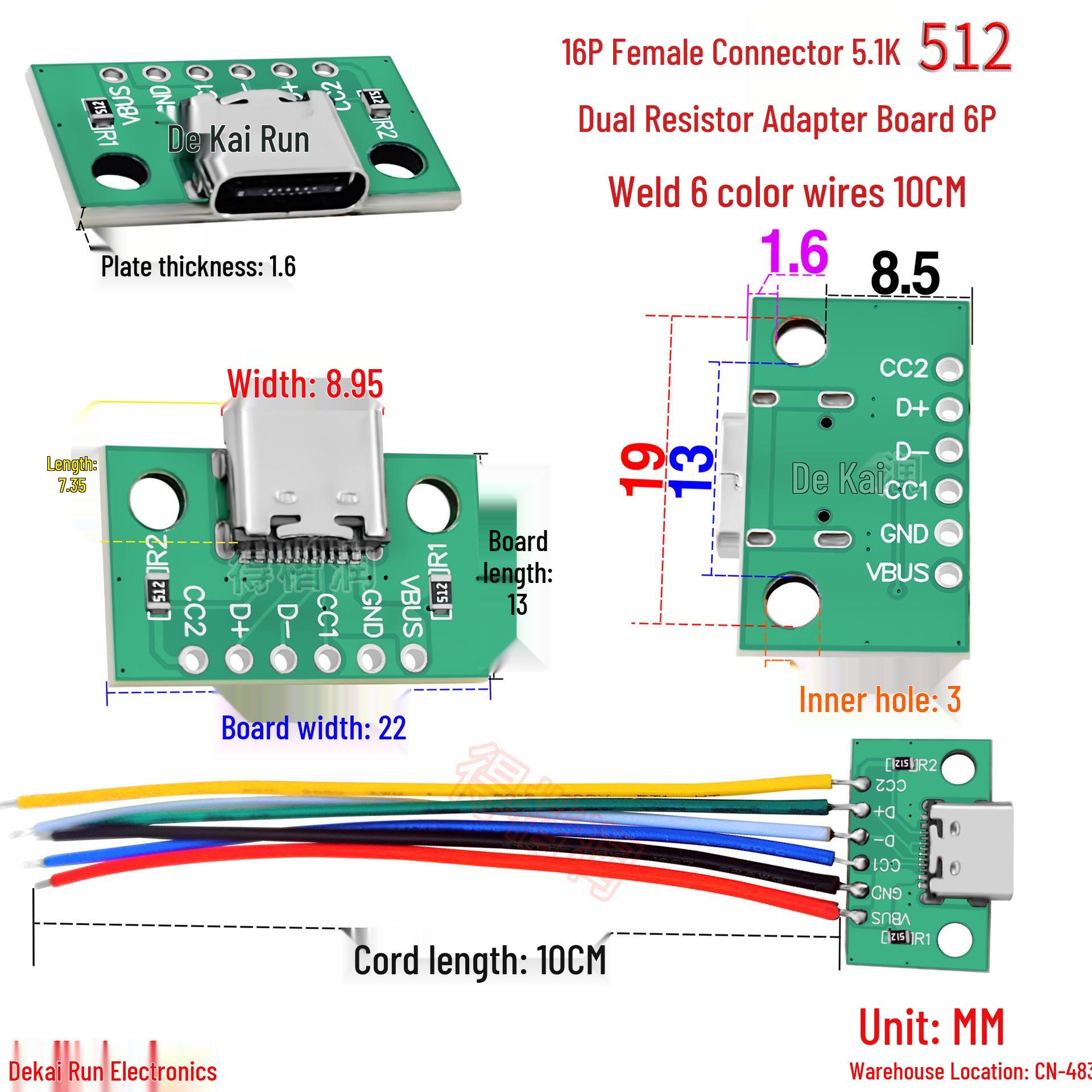 

USB 16P Female Connector with 5.1K 512 Dual Resistor Adapter and 6-Core Charging Data Cable