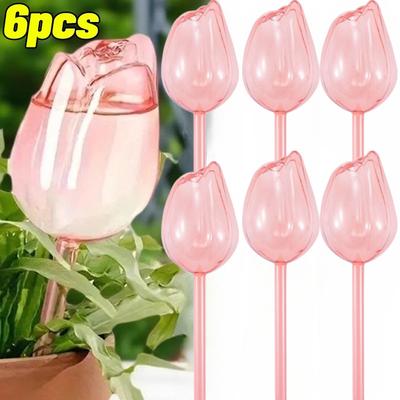 1-6PCS Pink Tulip Plant Watering Balls Indoor Outdoor Automatic Drip Irrigation System Glass Insert Self-watering Bulbs Garden Supplies