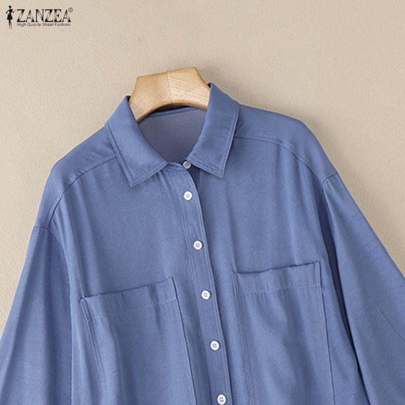 ZANZEA Women Casual Turn Down Collar 3/4 Sleeve Loose Blouse