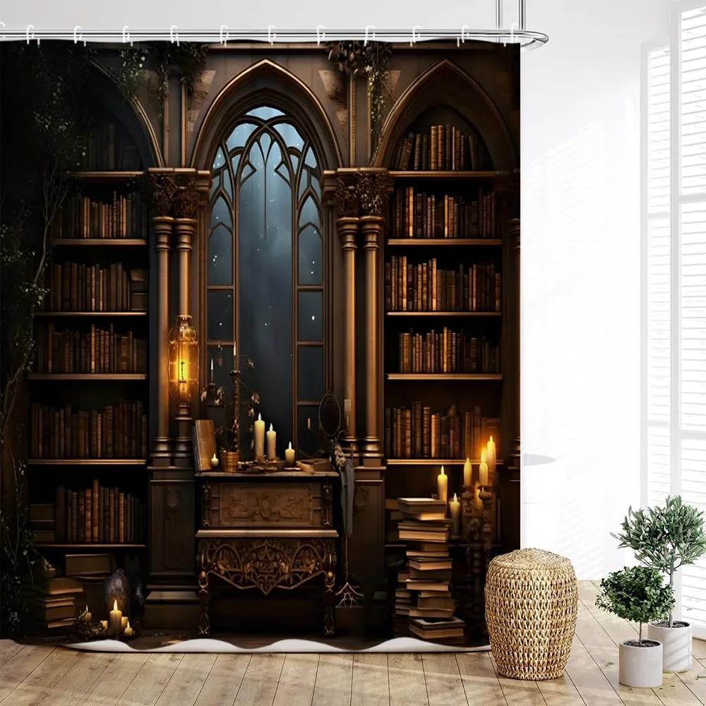 Vintage Bookshelf Shower Curtain, Magic Books Old Bookshelf Candles Ancient Attic Print Home Bathroom Decor With Hooks