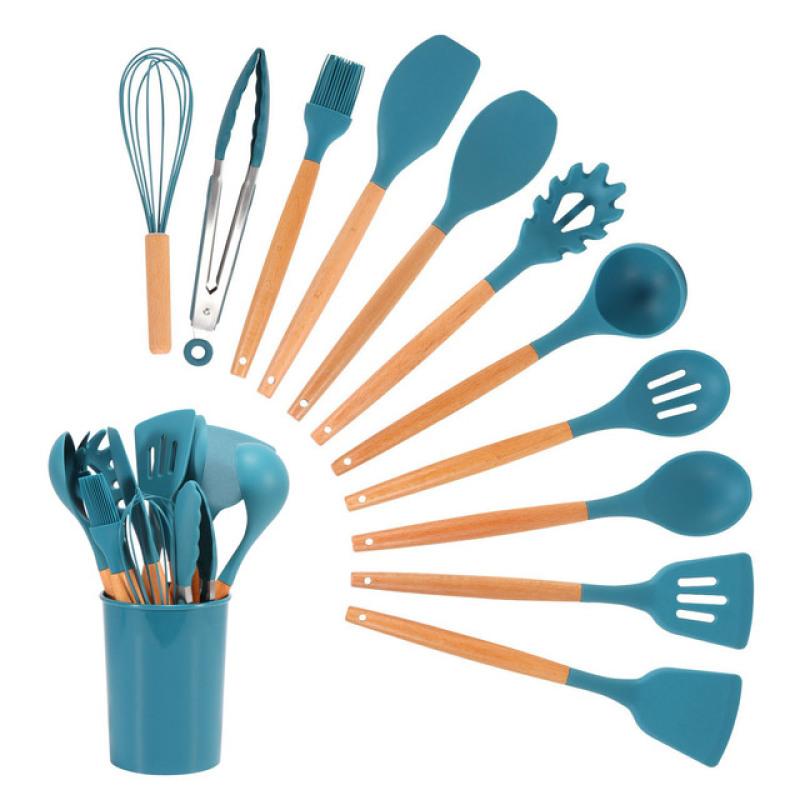 

12 шт./компл., силиконовая кухонная утварь с антипригарным покрытием, набор для приготовления пищи с деревянной ручкой, термостойкая лопатка, кухонная белая посуда, аксессуары темно-зеленого