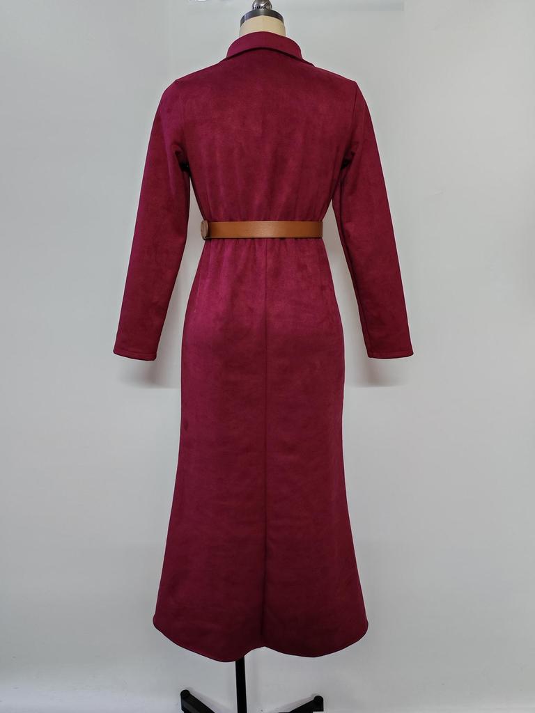 2025 Autumn/Winter Suede Plush Waist-Cinching Belted Shirt Dress