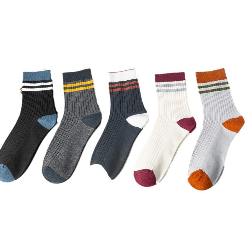 Men'S Color Matching Double-Needle Socks Thickened Warm Mid-Tube Cotton Socks Japanese Trendy Men'S Socks Zhuji