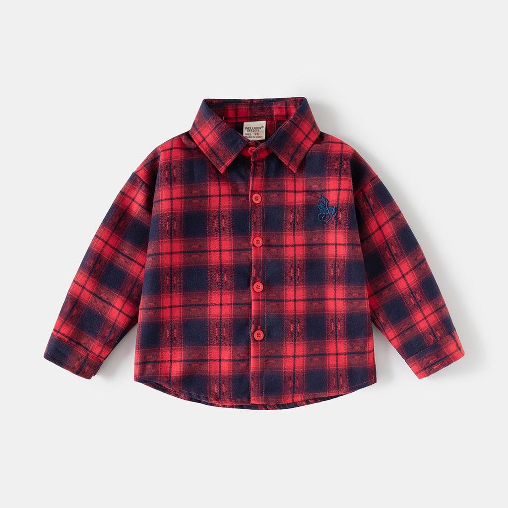 2026 Spring Kids' Blue Plaid Embroidered Long Sleeve Shirt for Boys