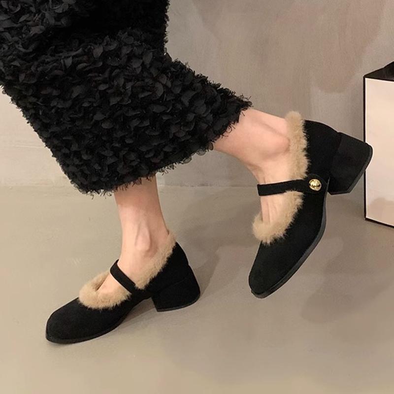 Elegant Chunky Heel Furry Pumps for Women Retro Square Head Plush Mary Jane Shoes Fashion Suede Middle Heeled Women Dress Shoes