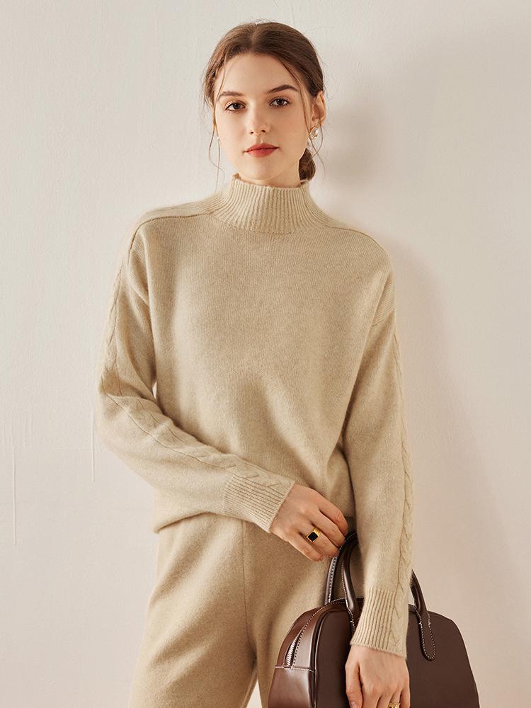 Women's Cable Knit Cashmere Sweater - Long Sleeve, Half-High Neck, Saddle Shoulder, Loose Fit, Solid Color, Autumn/Winter Pullover.