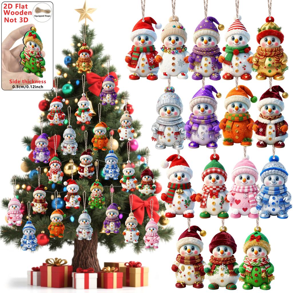 16pcs 2D cute Christmas Snowman Pendants Wood Cartoon Xmas Tree Hanging Ornament DIY Home New Year Party Atmosphere Decor Supply