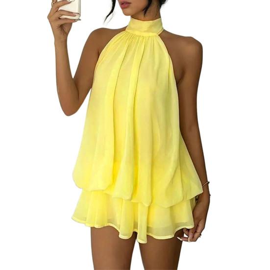 Women's Halter Neck Chiffon Mini Dress Summer Sleeveless Cocktail Party Dress Ruffle Wedding Guest Dress