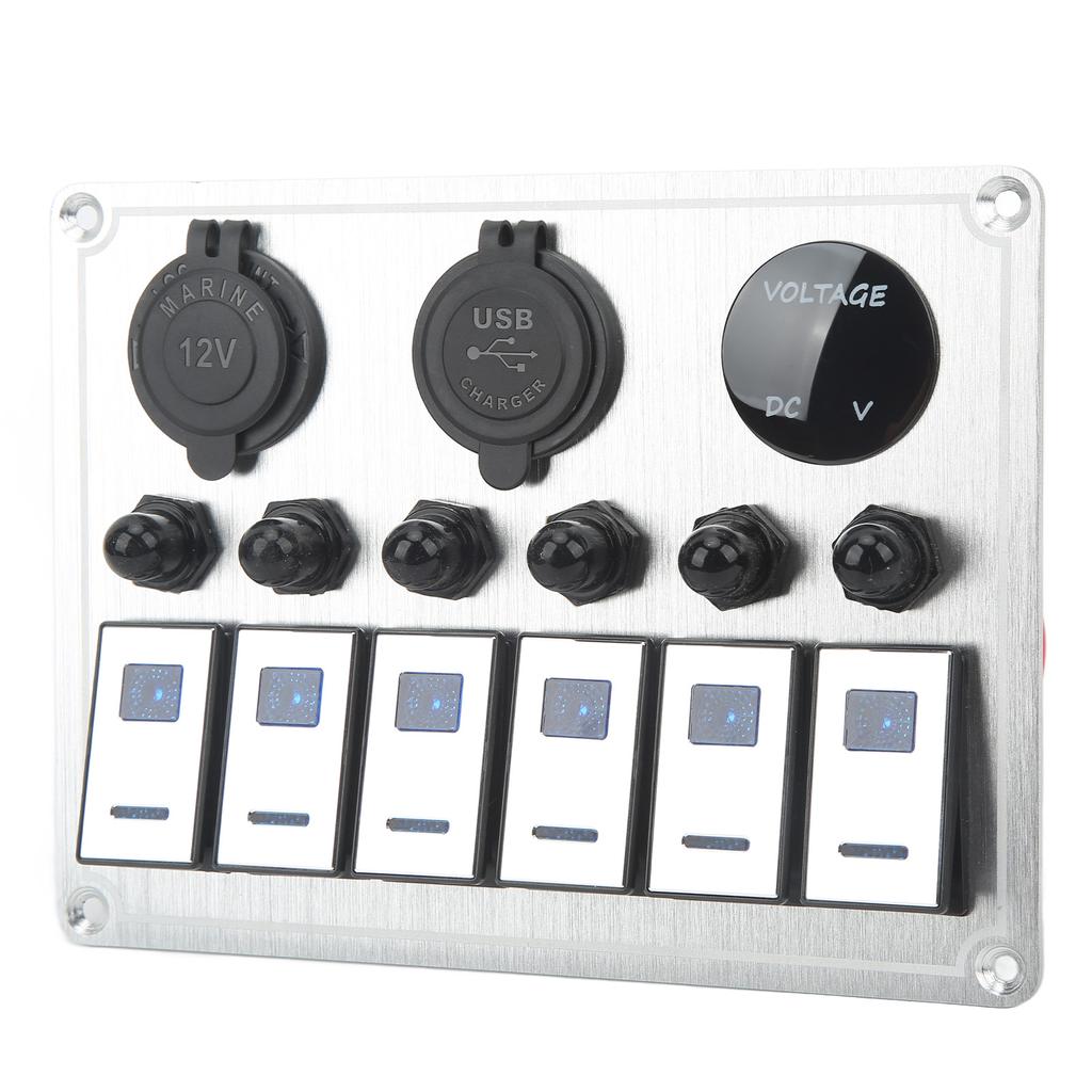 6 Gang On Off Rocker Switch Panel Waterproof Toggle Switch Panel with 2 Blue LED for Car RV UTV