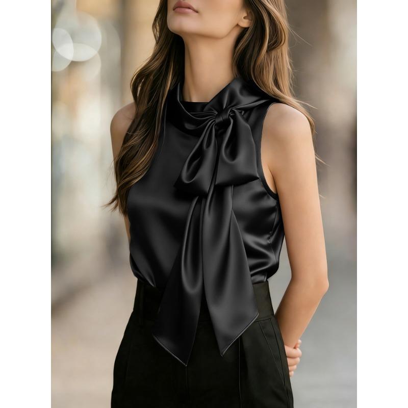 Womens Red Sleeveless Satin Blouse With Bow Neck Detail Elegant Formal Casual Top