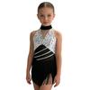 Mädchen Cha-cha Salsa Performance-Leotard: Ärmelloses Neckholder-Kleid mit Pailletten und Fransen, Netz-Taille, Schlüsselloch, Metallic-Rücken für Bühnenkostüm