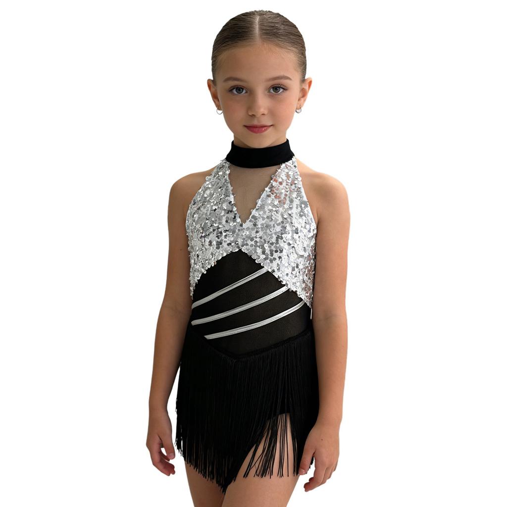 Mädchen Cha-cha Salsa Performance-Leotard: Ärmelloses Neckholder-Kleid mit Pailletten und Fransen, Netz-Taille, Schlüsselloch, Metallic-Rücken für Bühnenkostüm