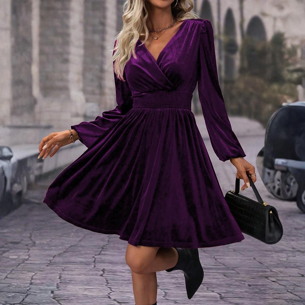 Damen Modisches Einfarbiges Langarm V-Ausschnitt Pullover Freizeitkleid