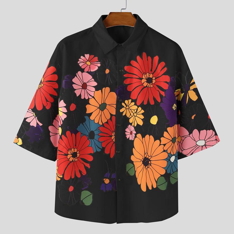 

INCERUN Oversized Men Turn Down Collar Casual 3/4 Sleeve Buttons Floral Print Holiday Shirts Tops 3XL