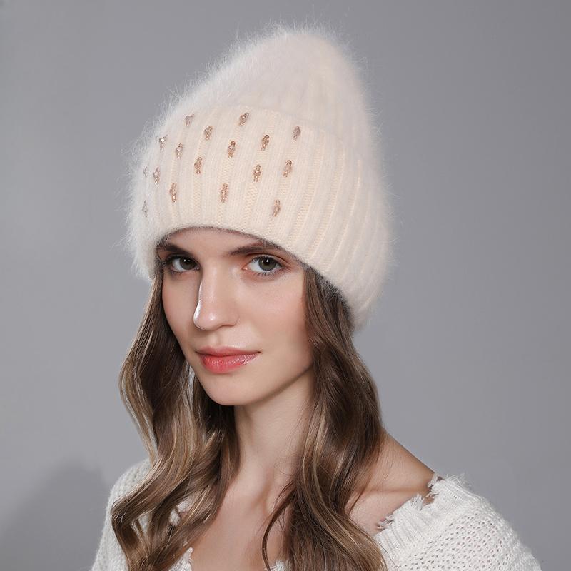 Winter Hat For Women Warm Knitted Angora Rabbit Fur Beanies Fashion With Bead Hats Female High Quality Casual luxury Cap