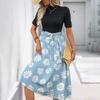 Women's Fashion Casual Belt Short Sleeve Round Neck Floral Elegant Temperament Dress