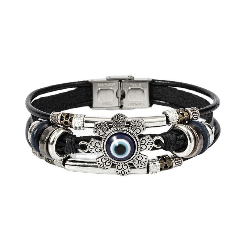 Personalizovaný retro náramek z nastavitelné hovězí kůže se zlým okem a rukou Fatimy