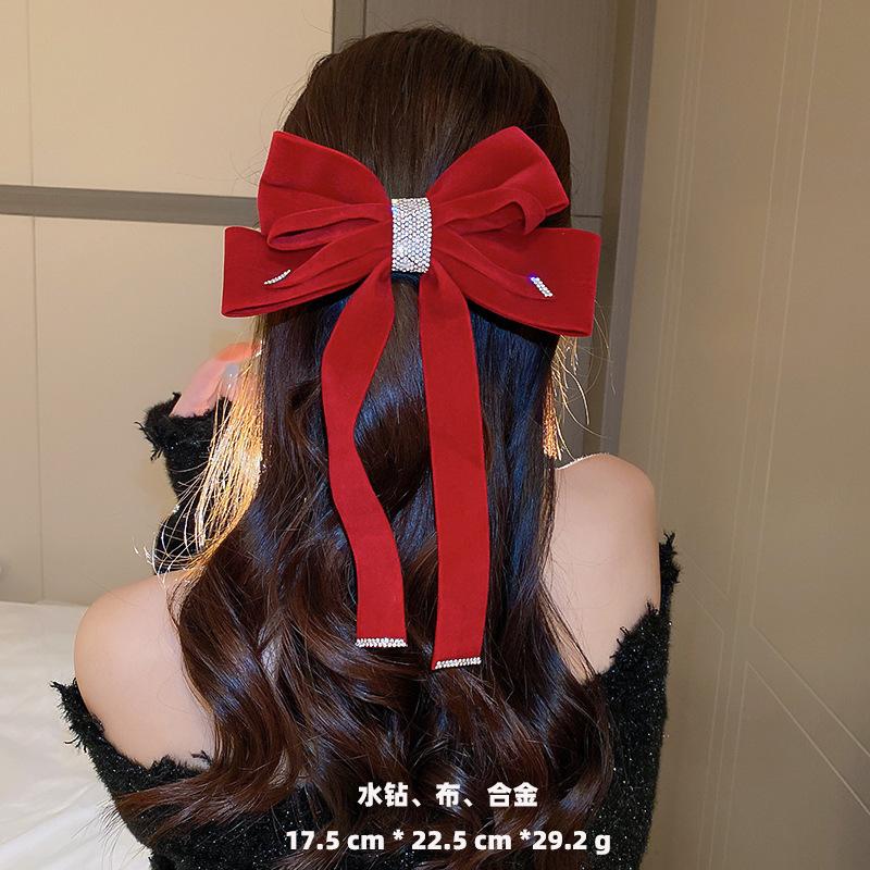 New Year Red Autumn and Winter Velvet Bead Diamond Bow Hairpin Sweet Internet Celebrity Head Senior Hair Accessories