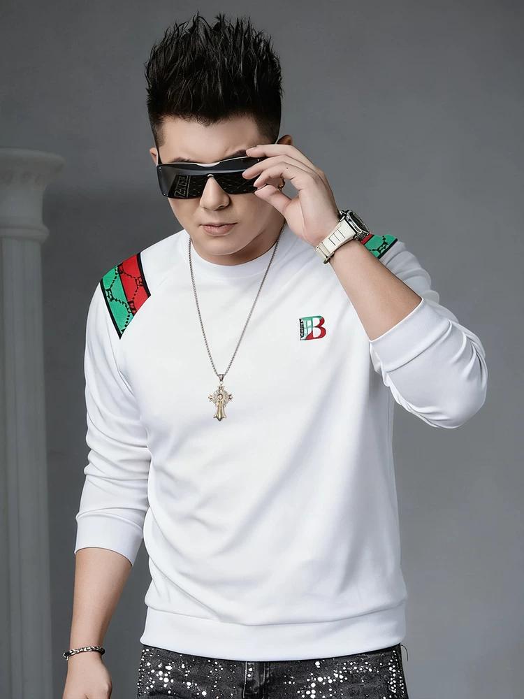 

European High-End Letter Embroidery Crew Neck Sweatshirt for Men 2025 New Autumn Trendy Brand Top Men s Long-Sleeve Base Shirt M чёрный