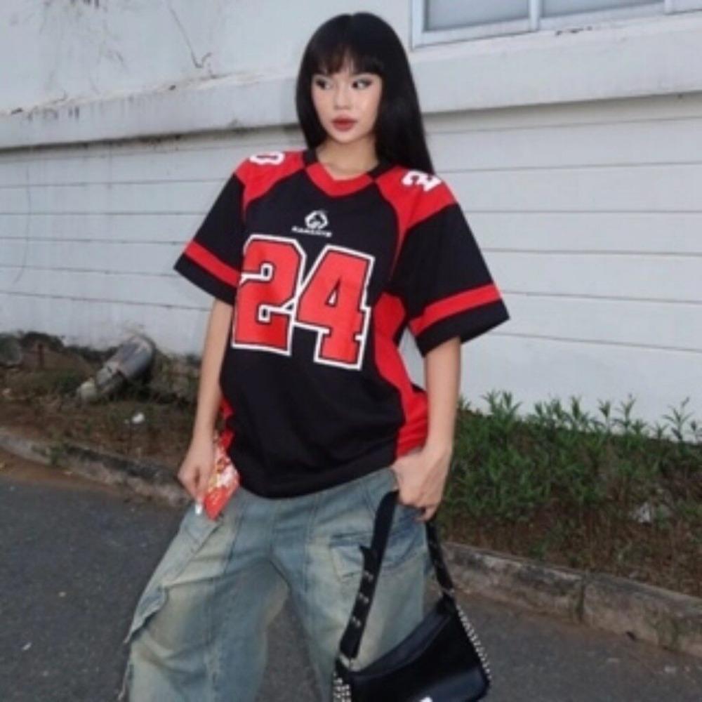Red number 24 women's T-shirt V-neck loose fit top oversized cool short sleeves