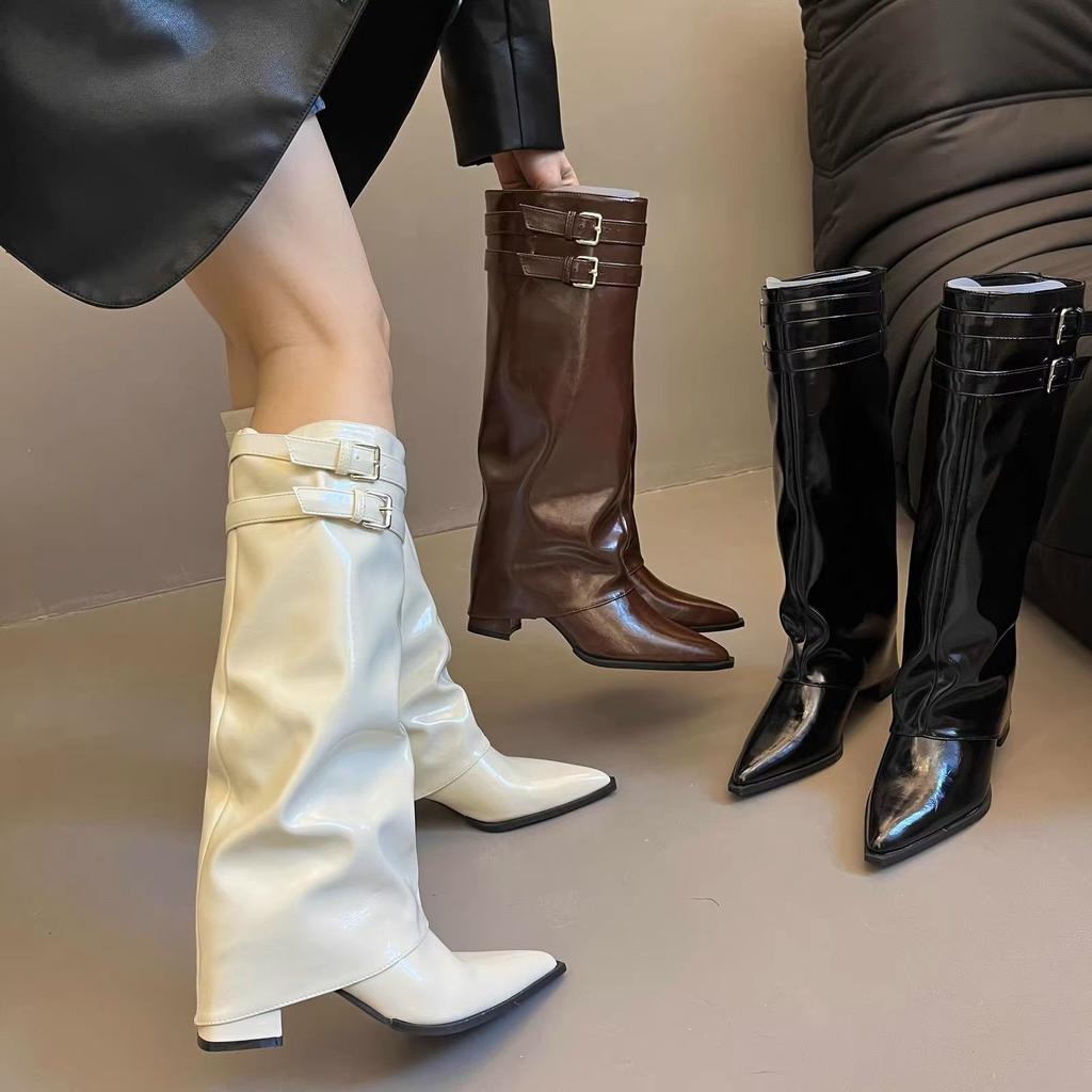 Trend knight boots long boots small fragrant style fashion thick heel high boots fried street female pointed head college style women's shoes girls