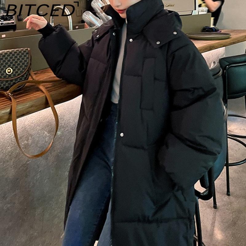 BITCED Women's Long Winter Coat - Knee-Length, Loose-Fit Down Jacket, Thickened Cotton-Padded Coat