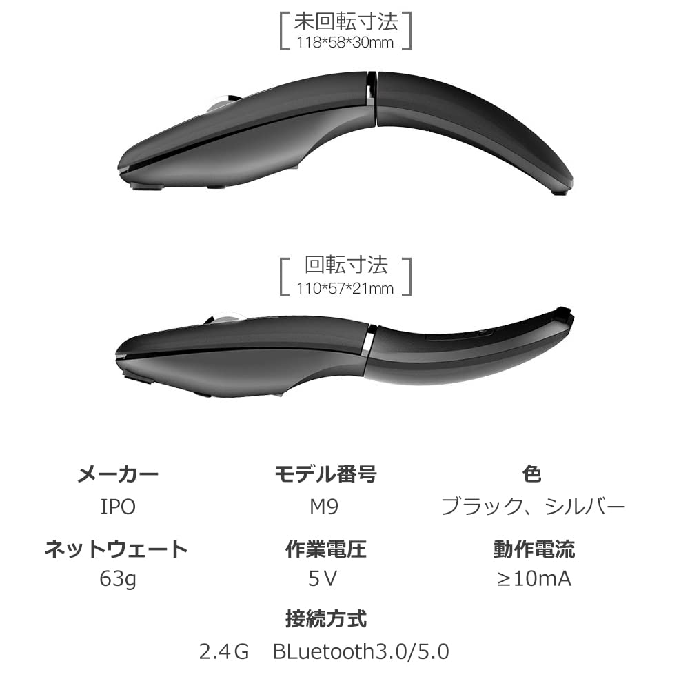 IPO Wireless Mouse with Rotating Arc, Quiet, 3 Buttons, Compact, Ultra-Thin, Lightweight, Dual Bluetooth, Rechargeable, High Precision, Aluminum