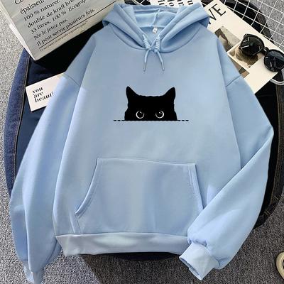 Czarny Kot Spojrzenie Kreskówka Bluza z Kapturem Nadruk Anime Słodka Bluza Funko Pop Odzież Codzienna Moletom Kawaii Pulowery Miękkie Wygodne