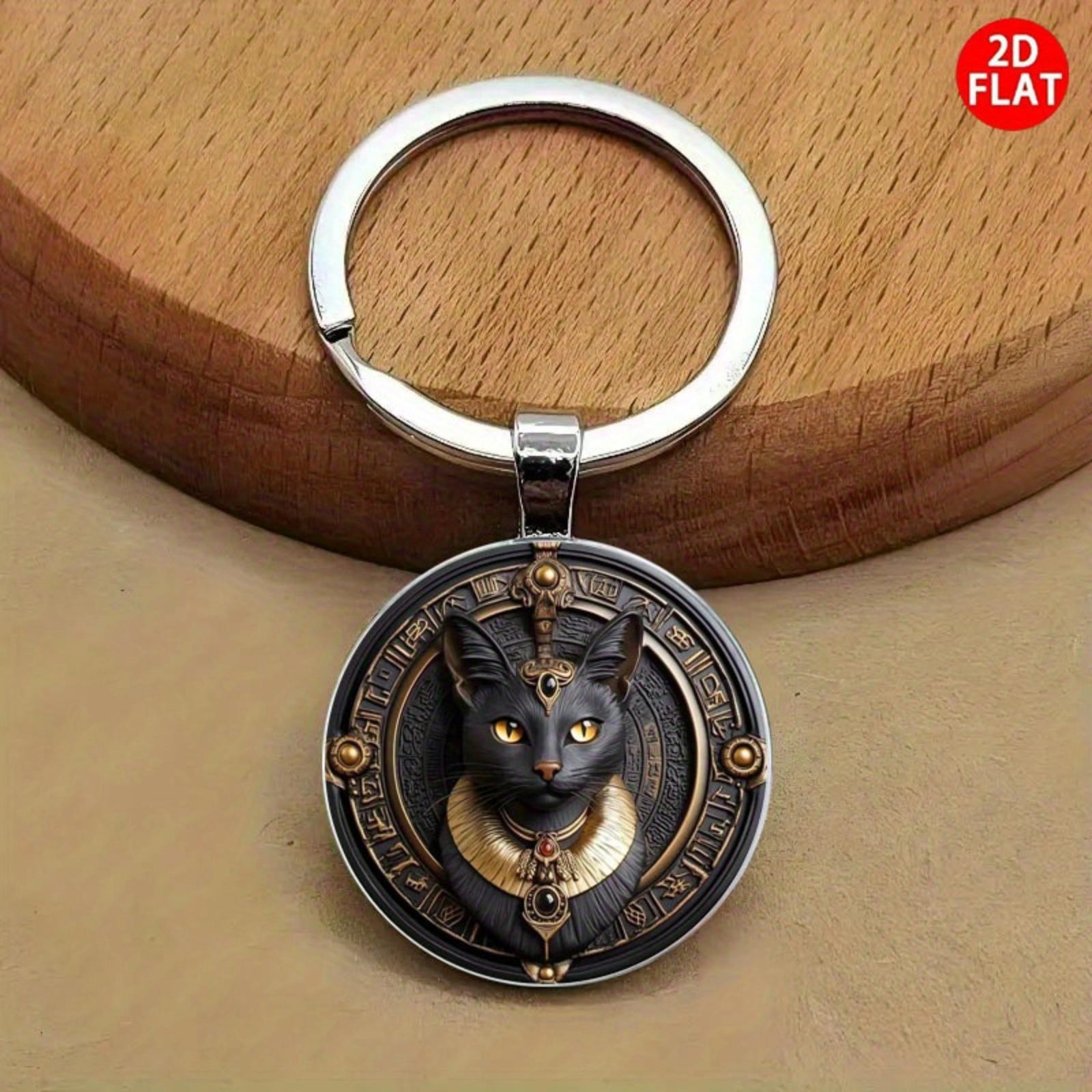 

Round Metal Keychain Pendant with Alloy Material Egyptian Cat Design Flat 2D Charm for Personal Accessories and Gifts One Size