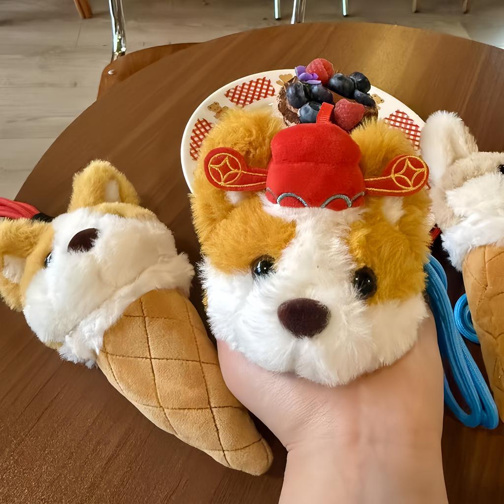 Corgi Plush Pendant Ice Cream Cone Stuffed Keychain Kawaii Backpack Pendant Car Key Holder Decor Toys Creative Birthday Gifts