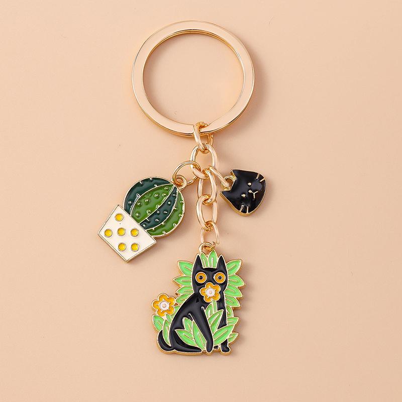 Cute Enamel Cartoon Cat Keychain Potted Plant Flower Key Ring for Women Girls Handbag Pendants DIY Handmade Jewelry Gift
