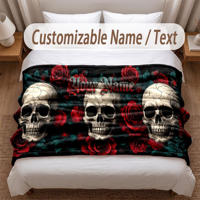 Skull Gothic Theme Soft Blanket Personalized Custom Name Text Print Warm Blanket Home Sofa Bedroom Decor