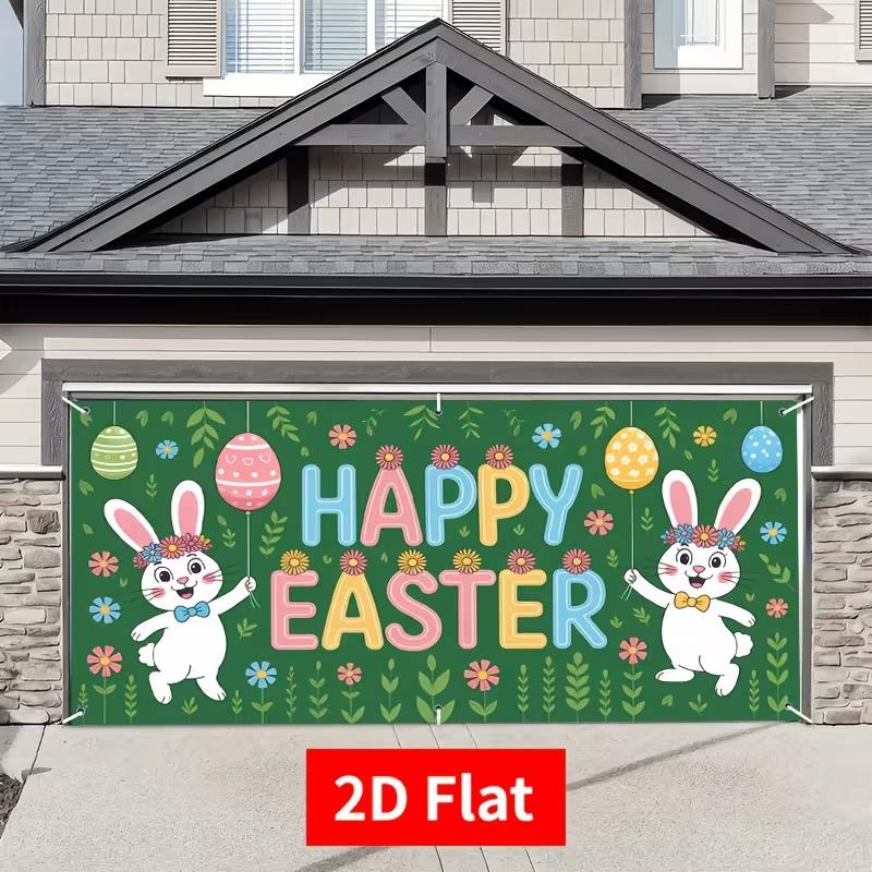

2D Happy Easter Garage Door Banner with Cartoon Bunnies, Colorful Eggs and Spring Flowers 47.2x31.5inch/120*80cm