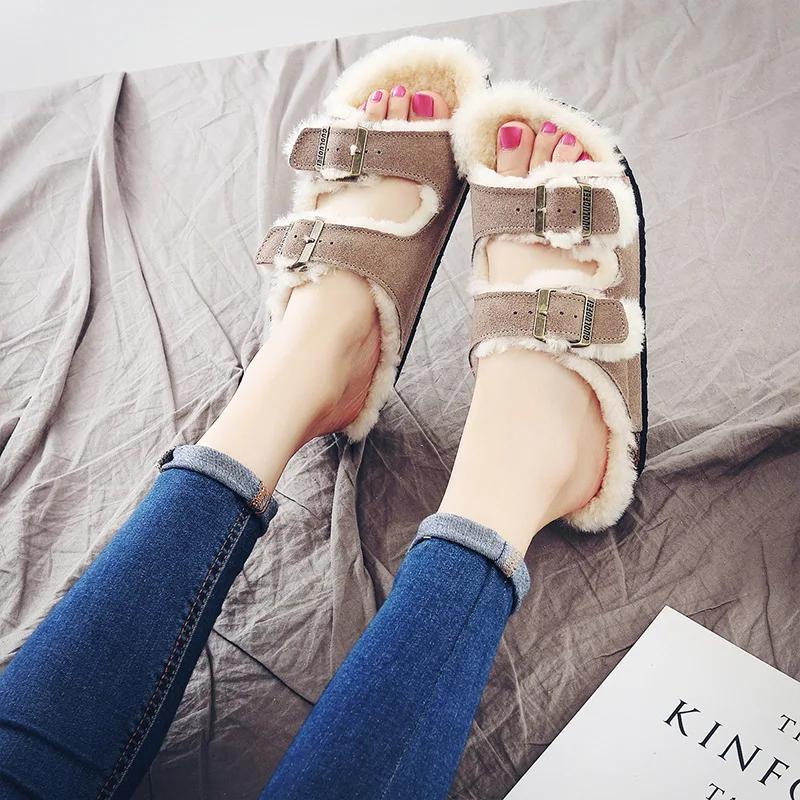 Fashion Women's Shoes Autumn Winter New Woolen Cork Women's Slippers Men's Women's Wool Half Slippers Plus Plush Cork Slippers Outside