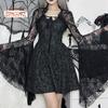 Vintage Gothic Black Lace T-shirt Elegant Flared Sleeve Smock Top See Through Sexy Cropped Tops Cardigan Streetwear