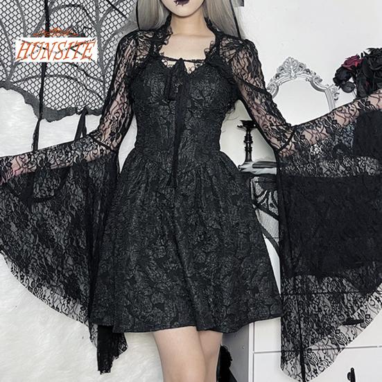 Vintage Gothic Black Lace T-shirt Elegant Flared Sleeve Smock Top See Through Sexy Cropped Tops Cardigan Streetwear