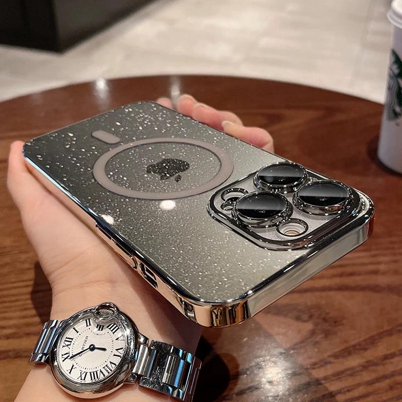 Luksusowe Przezroczyste Etui z Brokatem i Płytką do Ładowania Bezprzewodowego Magsafe Magnetyczne Etui dla iPhone 16 15 14 Plus 13 12 Pro Max 11 Twarda Cienka Pokrywka