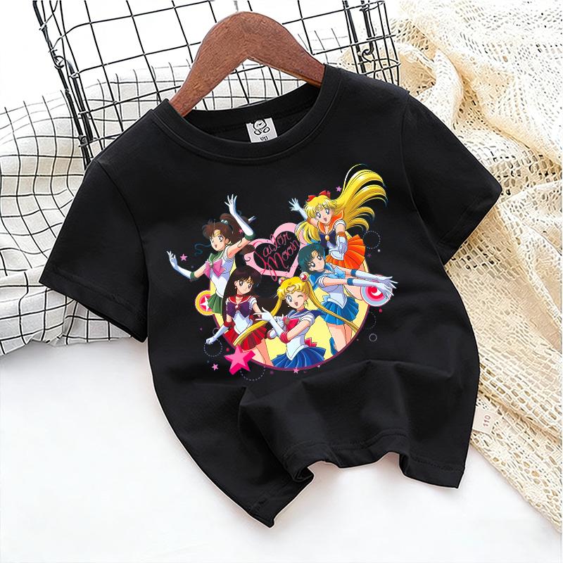 SailorsMoon Anime Girl's T-shirt Cotton Clothes Cute Cartoon Printed Toddler Sweatshirt Casual Short Sleeve Kids Game Trend Tops