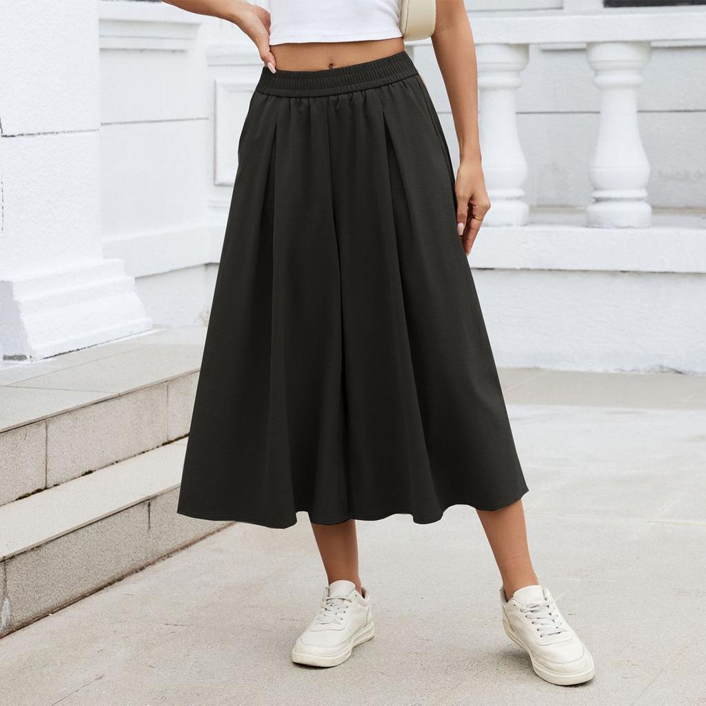 Women's Fashion Color Loose Wide Leg Pants Elastic Waist Pockets High,Waisted Skirt Pants