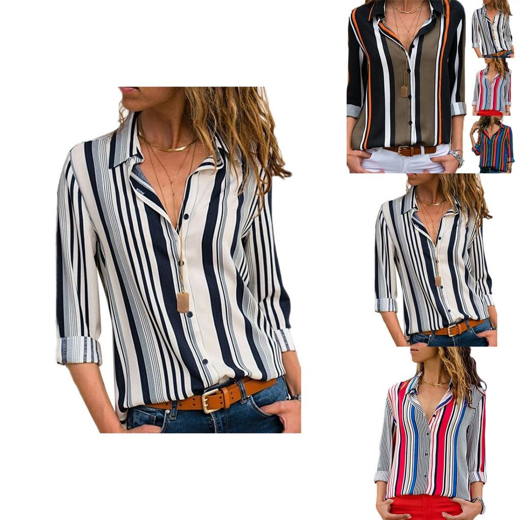 Elegant Women Autumn Striped Floral Button V Neck Long Sleeve T Shirt Casual Blouse