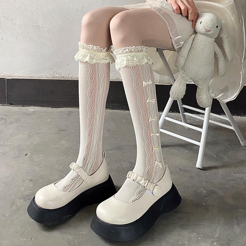 Solid Color Bowknot Hollow Lace Stockings Woman Summer Middle Tube JK Lolita Cute Socks Black White Fishnet Stockings for Women