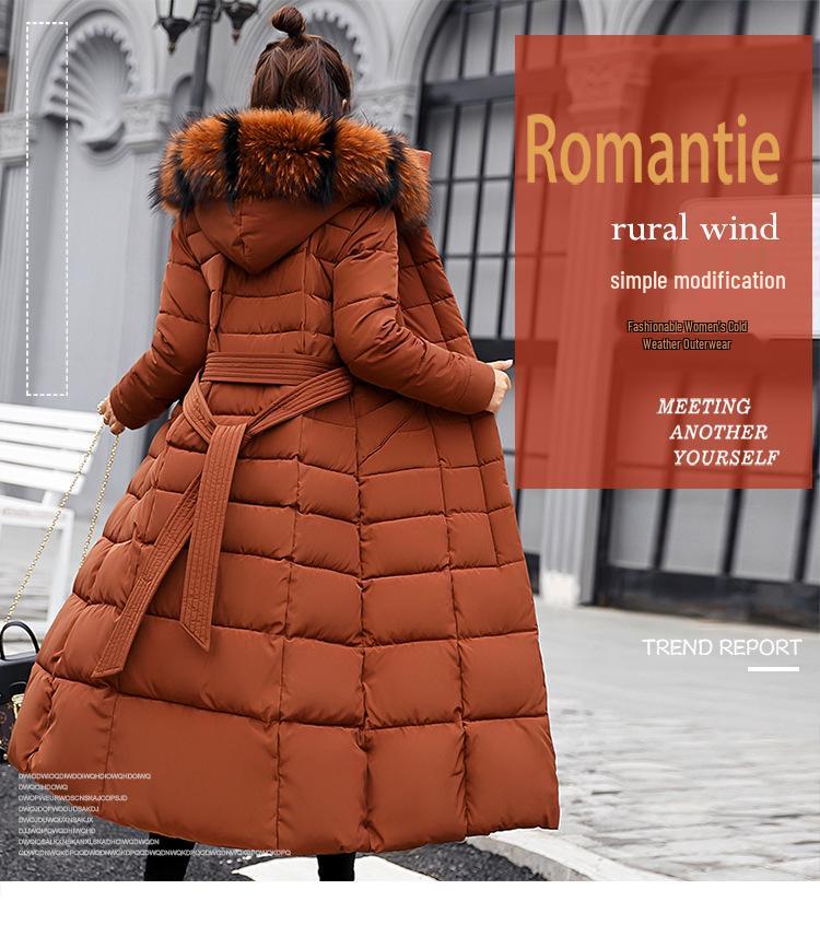 Women's Long Cotton-Padded Jacket with Belt, Over-the-Knee, Slim Fit, Korean Winter 2025 Style.