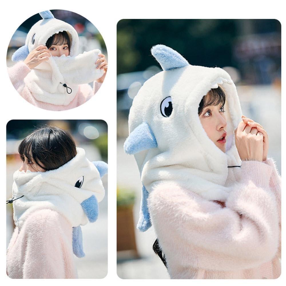 

Cartoon Shark Mask Neck Union Hat Windproof Neck Warmer Cute Plush Cap Winter бежевий