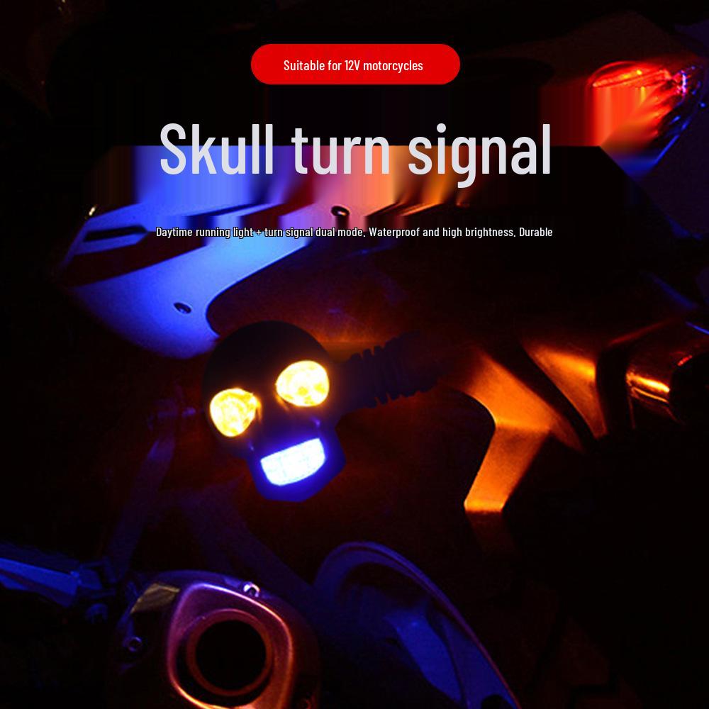 12V Skull LED Motorcycle Turn Signals - White & Yellow Dual Color