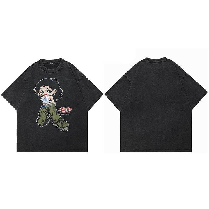 

Streetwear Retro Washed Black TShirt Cartoon Hip Hop Girl Vintage Graphic Shirt Cotton Unisex Tshirt Men Tops Tees Hipster S