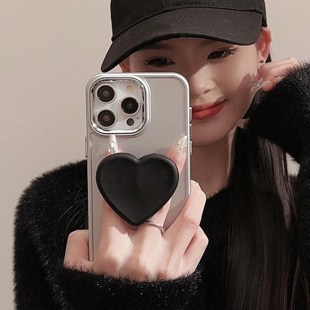 Black heart-shaped stand17promax iPhone Case iphone16Advanced Sense11Applicable12Electroplating15Soft