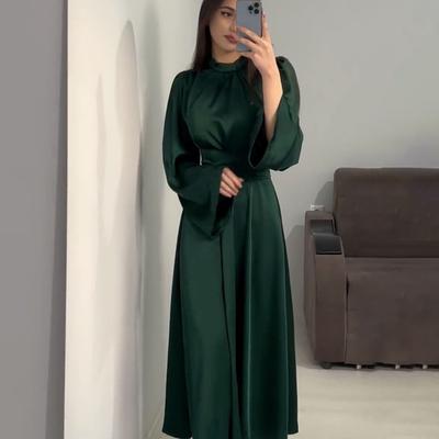 European and American Autumn New Waist Slimming Strap Solid Color Long Sleeve Long Dress Design Sense Dress Women