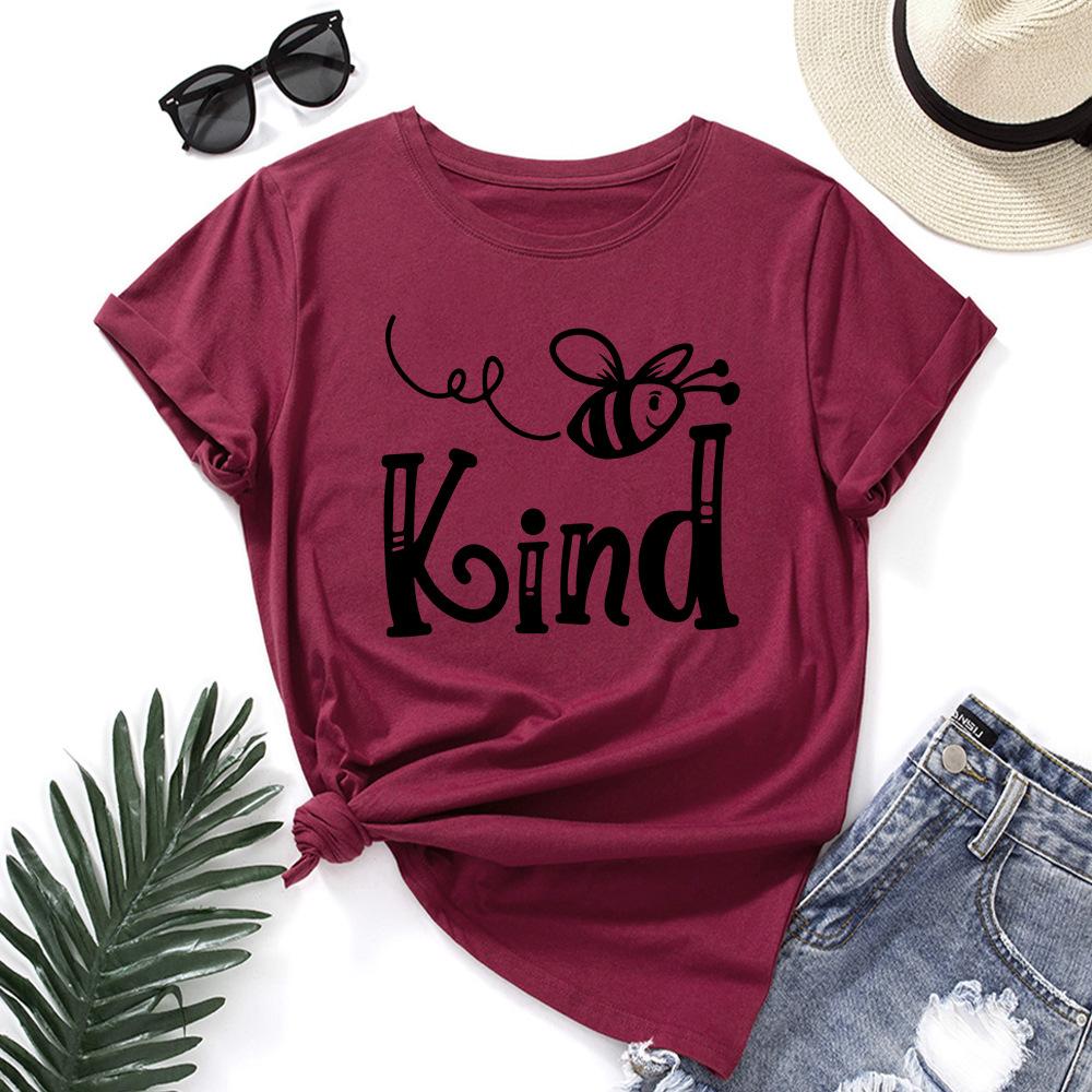 Bee Kind Pattern Cotton T-Shirt Short Sleeve Round Neck Women 2d Print Tops